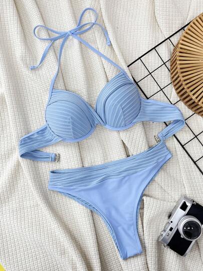Swim Vcay مجموعة بكيني للنساء ذات لون أزرق صلب، ذو ربطة عنق مربوطة للأعلى، مع حمالة دفع للأعلى ومقاس عالى، مناسب للاستخدام في صيف عطلات الشاطئ