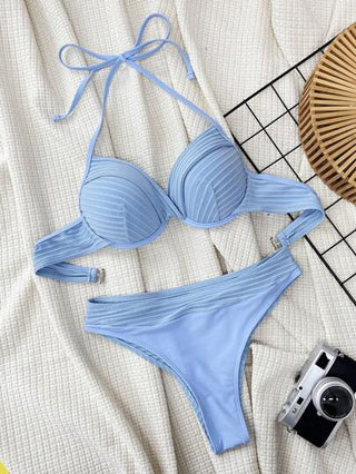 Swim Vcay مجموعة بكيني للنساء ذات لون أزرق صلب، ذو ربطة عنق مربوطة للأعلى، مع حمالة دفع للأعلى ومقاس عالى، مناسب للاستخدام في صيف عطلات الشاطئ