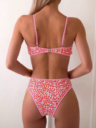 Swim Mod مجموعة بيكيني أنثوية جذابة بطبعة زهور بسيطة بتصميم دوار باللون العشوائي، مناسبة للعطلات