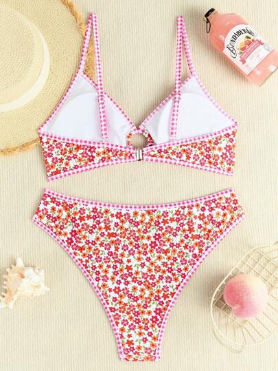 Swim Mod مجموعة بيكيني أنثوية جذابة بطبعة زهور بسيطة بتصميم دوار باللون العشوائي، مناسبة للعطلات