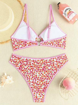 Swim Mod مجموعة بيكيني أنثوية جذابة بطبعة زهور بسيطة بتصميم دوار باللون العشوائي، مناسبة للعطلات