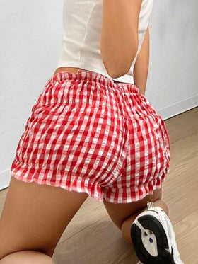 SHEIN EZwear شورت كاجوال للنساء بتصميم شبكي فقاعي للربيع والصيف، شورت قصير مكشكش، شورت قصير أحمر، شورت قصير مجعد، شورت قصير