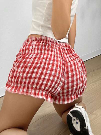 SHEIN EZwear شورت كاجوال للنساء بتصميم شبكي فقاعي للربيع والصيف، شورت قصير مكشكش، شورت قصير أحمر، شورت قصير مجعد، شورت قصير