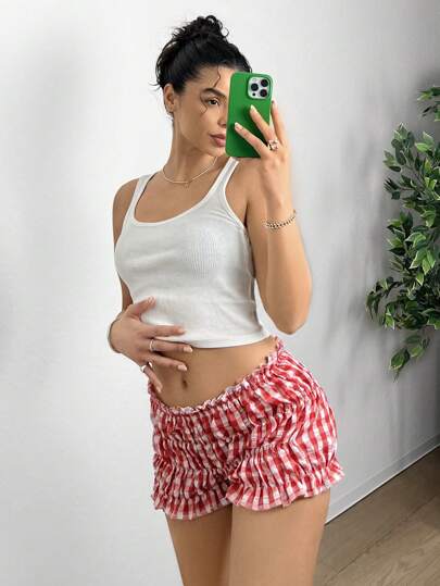 SHEIN EZwear شورت كاجوال للنساء بتصميم شبكي فقاعي للربيع والصيف، شورت قصير مكشكش، شورت قصير أحمر، شورت قصير مجعد، شورت قصير