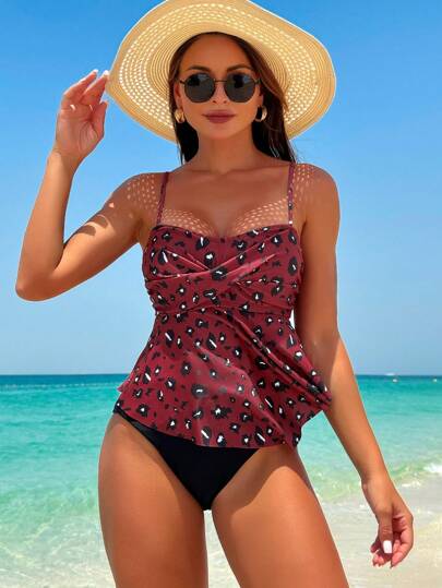 طقم تانكيني حريمي Swim Lushoire فانيلة قص محصول بطلعة زهرية، لإطلالة العطلات للنساء، ألوان عشوائية صيفية