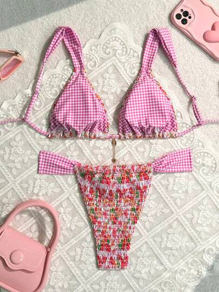 Swim Mod مجموعة بيكيني نسائية منقوشة بالزهور مع ملابس علوية بانديو جذابة وقاع مقسوم للاستجمام ( طباعة عشوائية )