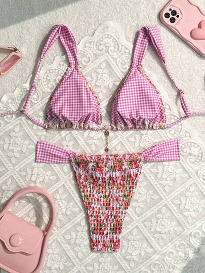 Swim Mod مجموعة بيكيني نسائية منقوشة بالزهور مع ملابس علوية بانديو جذابة وقاع مقسوم للاستجمام ( طباعة عشوائية )