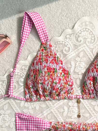 Swim Mod مجموعة بيكيني نسائية منقوشة بالزهور مع ملابس علوية بانديو جذابة وقاع مقسوم للاستجمام ( طباعة عشوائية )