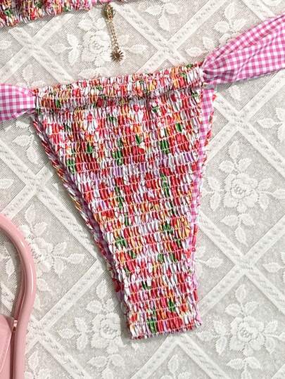 Swim Mod مجموعة بيكيني نسائية منقوشة بالزهور مع ملابس علوية بانديو جذابة وقاع مقسوم للاستجمام ( طباعة عشوائية )