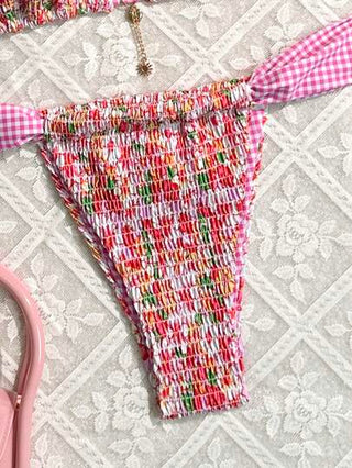 Swim Mod مجموعة بيكيني نسائية منقوشة بالزهور مع ملابس علوية بانديو جذابة وقاع مقسوم للاستجمام ( طباعة عشوائية )