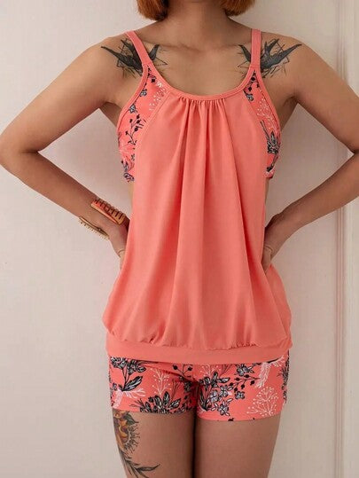 طقم تانكيني حريمي Swim Lushoire مجموعة ملابس سباحة تانكيني طباعة نباتية مع شورت، نمط العطلات للسيدات، صيف المنتجعات