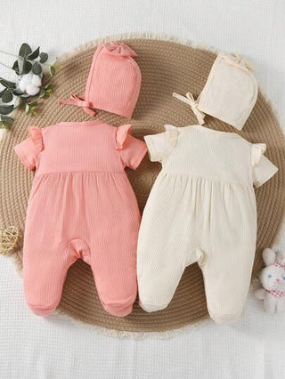 SHEIN بطّة قصيرة الأكمام ذات الرقبة الدائرية والحذاء لطفلة، لون صافٍ ومجموعة من 2، تناسب منزلي عادي مع غطاء رأس
