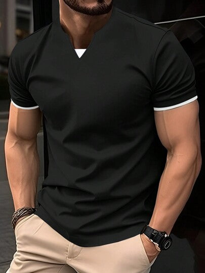 Manfinity Homme تي شيرت رجالي عارض قصير الأكمام للصيف مع ياقة على شكل V