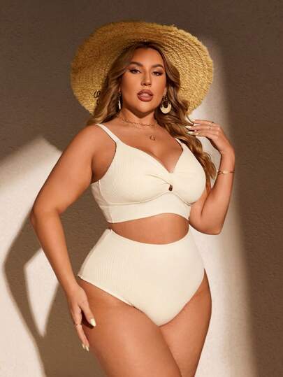 SHEIN Swim Curve مجموعة بيكيني صيفية بحجم واسع مع حمالة صدر ملتوية وملابس داخلية، مناسبة للشاطئ أو حمام السباحة