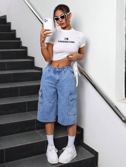 EZwear شورت جينز نسائي بتصميم جيوب، ربيع/ صيف
