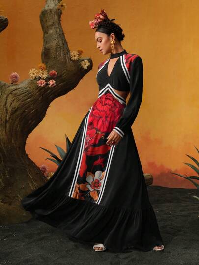 Frida Kahlo X  X Designer ISELACOS فستان بخط A ذو رقبة تقليب مطبوع بطبعات زهور مع حزام خصر كاشف وحاشية منسدلة، من تصميم مبتكر لمناسبات المهرجانات