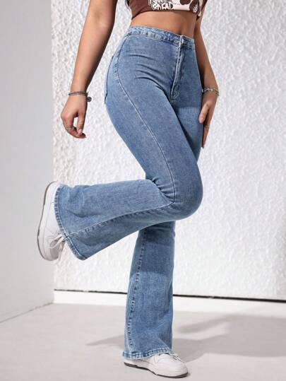 SHEIN ICON بنطلون جينز نسائي بقصة ضيقة عالية الخصر واسعة بطول الكاحل