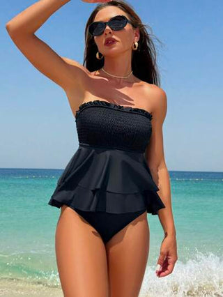 طقم تانكيني حريمي Swim Mod بدلة سباحة بقصة بلاس عارية الظهر ذات إكمام رفرفة، لون داكن - بحري صيفي للسيدات
