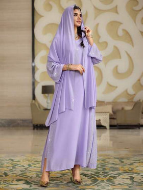 فستان عباءة مُتحفظ للنساء بأكمام طويلة مرصع بالراين باللون البنفسجي
