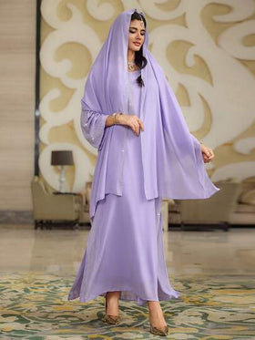 فستان عباءة مُتحفظ للنساء بأكمام طويلة مرصع بالراين باللون البنفسجي