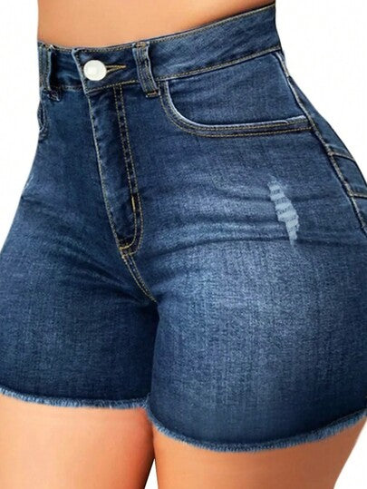 شورت جينز نسائي عالي الخصر مع جيوب وحواف ممزقة ومبهرة، أسلوب عطلة صيفية كاجوال