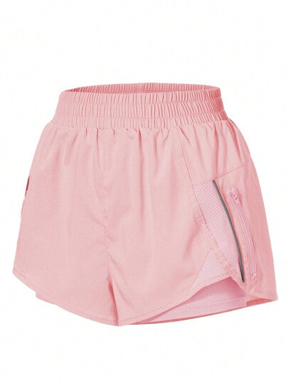 SHEIN Sovereign Charm شورت رياضة ذو لون أحادي وخصر مطاطي بسحاب وجيوب، شورت مريح للنساء، شورت رياضة، شورت دراجة، شورت مريح