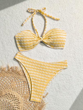 Swim Mod مجموعة بيكيني نسائية ذات خطوط صفراء حلوة وعصرية للشاطئ في الصيف