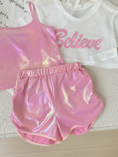 مجموعة ملابس علوية رياضية قصيرة الأكمام محبوكة من الشباب الفتاة + شورتات تعليق