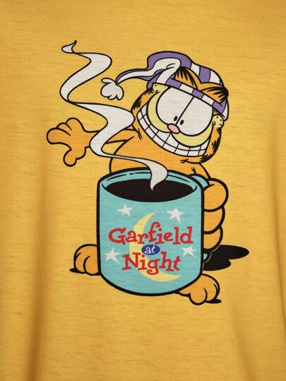 GARFIELD X SHEIN قطعتين من الملابس الداخلية للرجال تتكون من تي شيرت قصيرة الأكمام مطبوع عليه رسوم كرتونية وسروال مربعات للنوم- الصيف