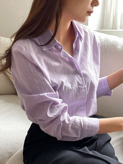 DAZY قميص نسائي رسمي طويل الأكمام بياقة معتّدة باللون الواحد، ملائم للعمل والأنشطة اليومية الصيفية