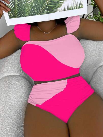 Slaydiva طقم بكيني مجعد مع تريم أخاديدي باللونين على حجم كبير للشاطئ الصيفي