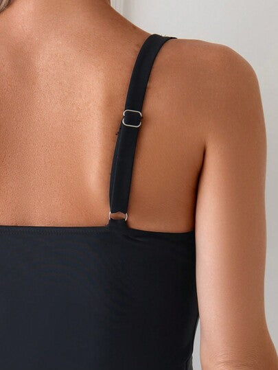 طقم تانكيني حريمي Swim Chiccia ملابس السباحة للنساء طقم تانكيني بألوان صلبة وحواف مجعدة على شكل صدفة لأيام الصيف والعطلات البحرية