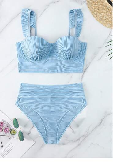 SHEIN Swim مجموعة ملابس سباحة نسائية بنسيج سادة لقضاء العطلات على الشاطئ