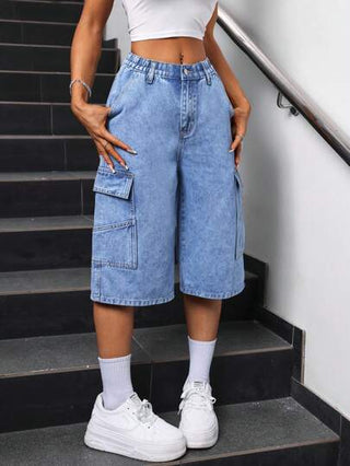EZwear شورت جينز نسائي بتصميم جيوب، ربيع/ صيف
