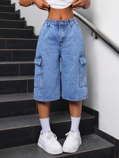 EZwear شورت جينز نسائي بتصميم جيوب، ربيع/ صيف