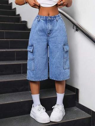 EZwear شورت جينز نسائي بتصميم جيوب، ربيع/ صيف