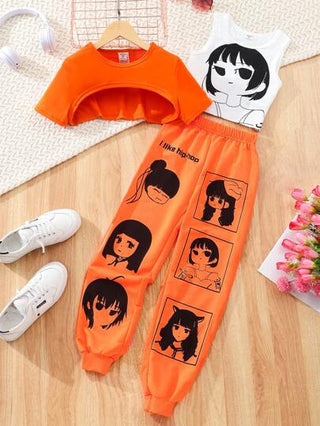 girls sets ثلاث قطع لفتاة التوين، مجموعة مطبوعة برسم الكارتون: سترة أكمام واسعة، بنطال جوجر و توب قصير