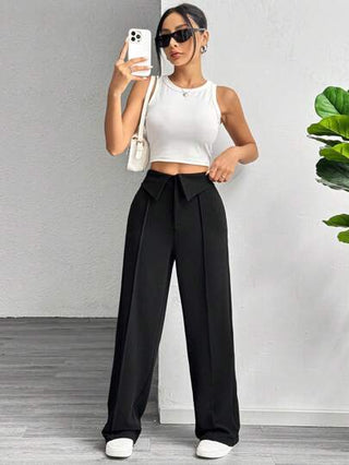 Flirla سروال نسائي عريض الساقين بخصر قابل للطي بلون أحادي، ملابس رمضان