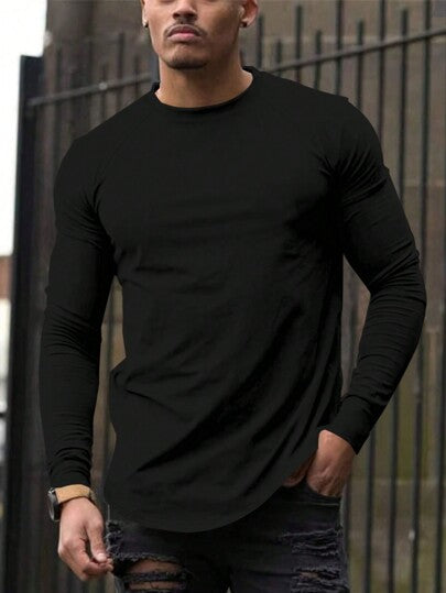 Manfinity Homme قميص كاجوال بأكمام راجلان طويلة وياقة مستديرة، لون سادة، للرجال في الربيع والخريف، هدية للصديق، الخريف