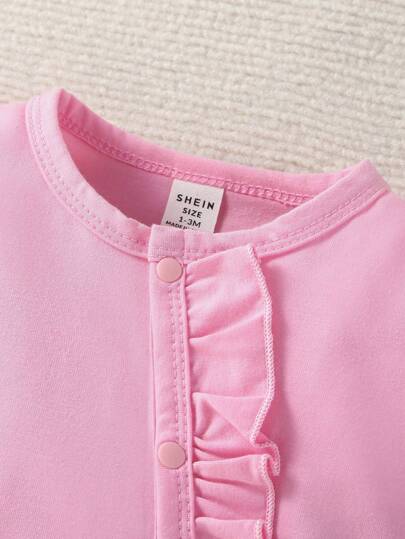 SHEIN طقم بيبي جيرل بأكمام طويلة بطباعة قلب ولون واحد وردي بسيط ، ملابس المنزل، قطعتان