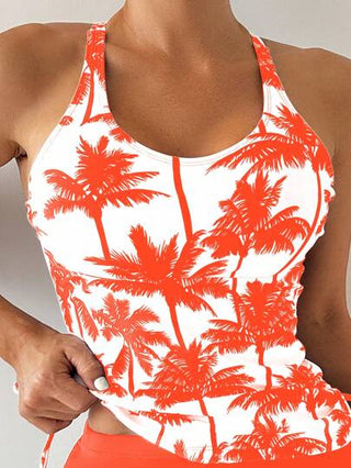 طقم تانكيني حريمي Swim Lushoire سترة تانكيني للنساء بربطة عبر الظهر وخصر جانبي بطبعة نخيل و شورت سباحة، مجموعة تانكيني صيفية للشاطئ
