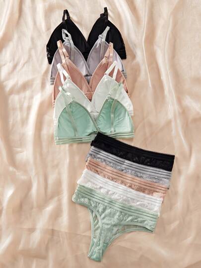 Shein Underwear&Sleepwear Basics مجموعة من 10 حمّالات صدر بدون حمالات مريحة من الدانتيل الجميل لانجري