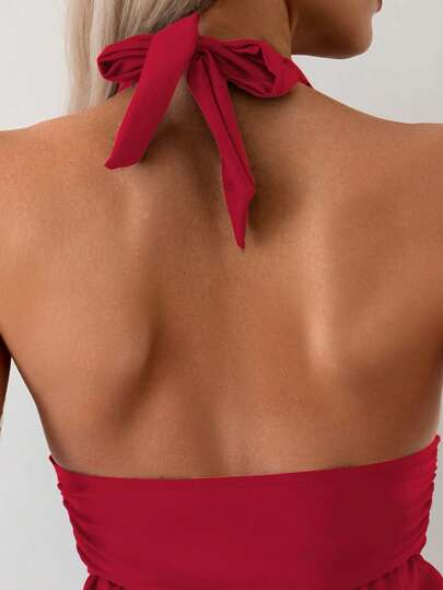 طقم تانكيني حريمي Swim طقم سباغيتي وشورت مع حبل للشد للنساء ذو قصة أنيقة ولتة، لون أحمر, أسلوب صيفي لإجازات الشاطئ وريزورت