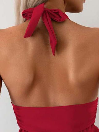 طقم تانكيني حريمي Swim طقم سباغيتي وشورت مع حبل للشد للنساء ذو قصة أنيقة ولتة، لون أحمر, أسلوب صيفي لإجازات الشاطئ وريزورت