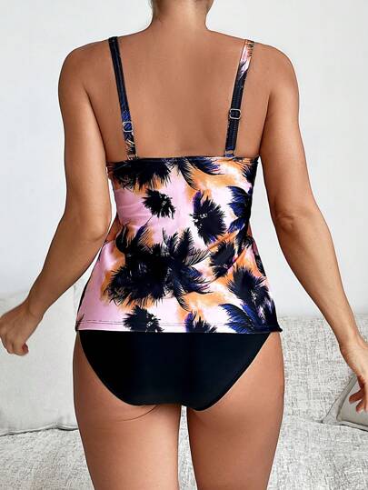 طقم تانكيني حريمي Swim سترة بلا أكمام مطبوعة بطراز الإجازة، مجموعة ملابس علوية تانكيني وشورت سباحة صيفية