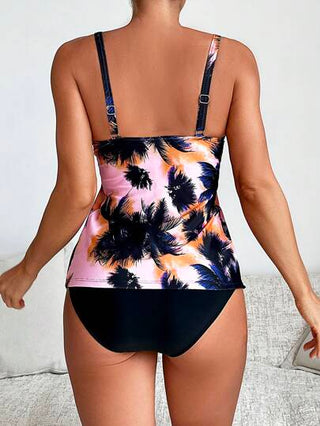طقم تانكيني حريمي Swim سترة بلا أكمام مطبوعة بطراز الإجازة، مجموعة ملابس علوية تانكيني وشورت سباحة صيفية