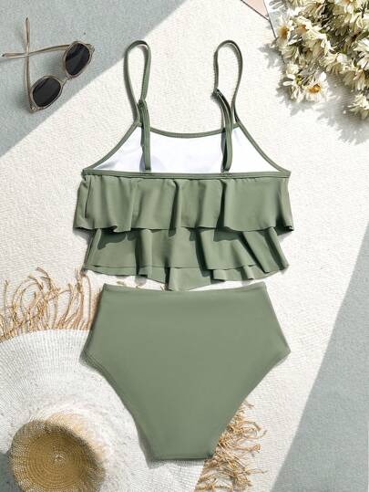 طقم تانكيني حريمي Swim تانكيني بألوان صلبة ذو جانب بتأثير الطية الموجود في الأعلى للاستخدام في العطلات على الشاطئ