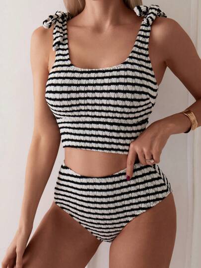 طقم تانكيني حريمي Swim Lushoire ملابس السباحة النسائية العصرية ذات قطعتين مخططة ، ملابس السباحة النسائية ذات قطعتين للصيف والشاطئ