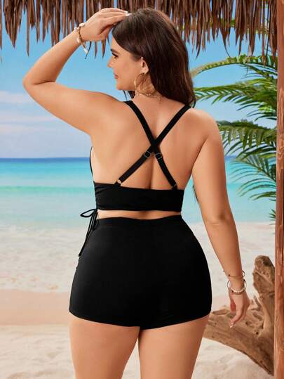 Swim Lushoire بكيني للسباحة بأعلى الصدر وسروال سباحة ذو لون سادة ومقاس كبير، مناسب للعطلات والشاطئ