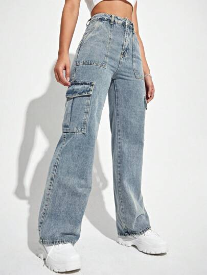 SHEIN EZwear بنطلون جينز نسائي عصري وعملي بتصميم جيوب